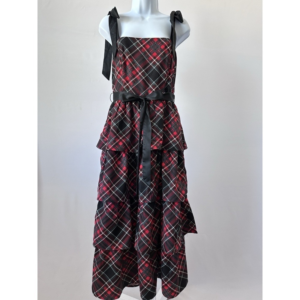NWT Francesca's Women's Sz: M Charlotte Red Green Plaid Tiered Midi Dress